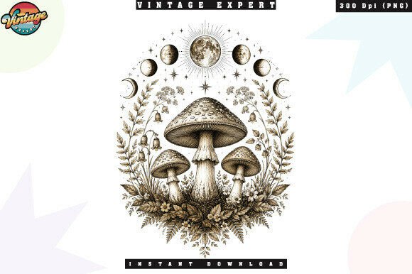 Download Celestial Mushroom Botanical Vintage PNG - Vintage Collection