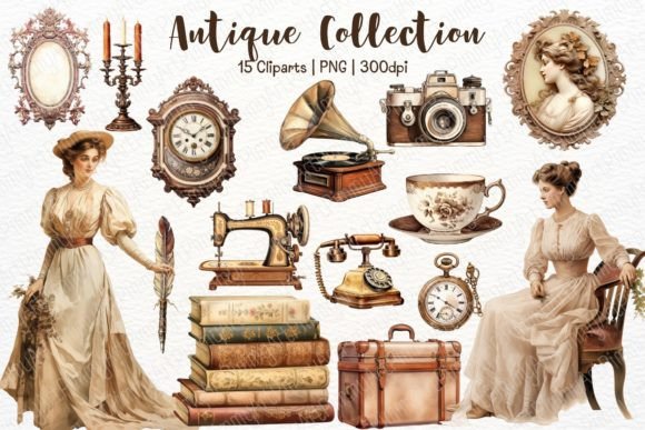 Download Vintage Antique Watercolor Clipart Set - Vintage Collection