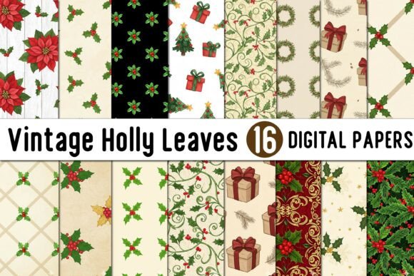 Download Vintage Holly Leaves Digital Paper - Digital paper Collection