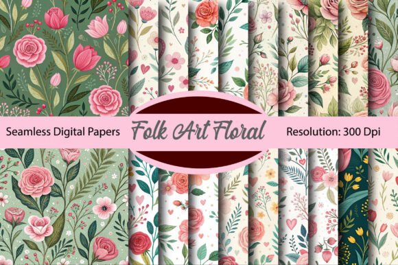 Download Folk Art Floral Valentine Digital Paper - Digital paper Collection