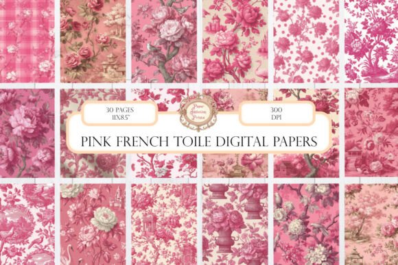 Download 30 Pages Pink French Toile Digital Paper - Digital paper Collection