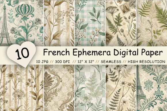 Download French Ephemera Digital Paper Pack - Digital paper Collection
