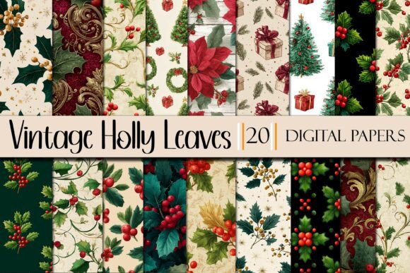 Download Vintage Holly Leaves Digital Paper - Digital paper Collection