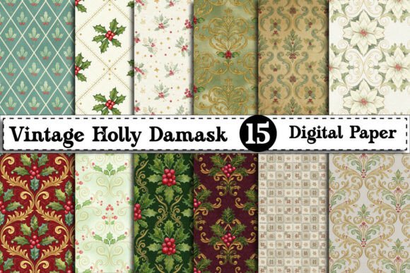Download Vintage Holly Damask Digital Paper - Digital paper Collection